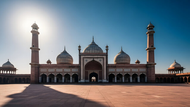 Jama masjid, old delhi: majestic mughal architecture with domes and minarets under a clear blue sky, sunlit courtyard.