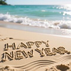 Happy New Year écrit sur le sable d’une plage tropicale