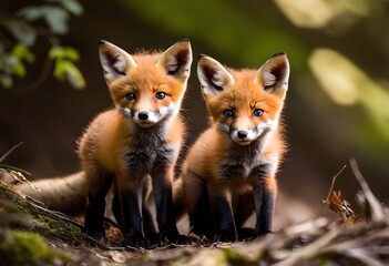 Fototapeta premium A view of 2 Fox Cubs in the forest