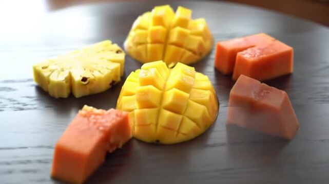 A close-up view presents mango halves and papaya cubes arranged on a dark, patterned surface