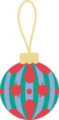Christmas bauble ornament. Festive hanging ball with red star with green and blue striped pattern. Flat design.