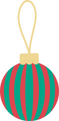 Christmas bauble ornament. Festive hanging ball with red and green striped pattern. Flat design.