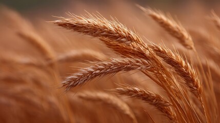 Naklejka premium Golden Wheat Field at Sunset with Soft Lighting and Gentle Breeze Capturing the Beauty of Nature's Bounty in Agricultural Landscape
