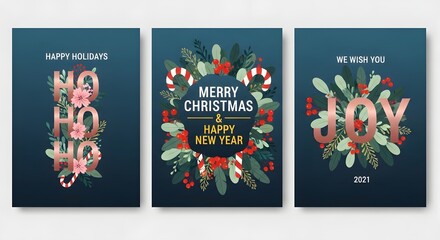 Christmas and new year greeting cards with festive wreaths, candy canes, berries, botanical elements, and rose gold typography on a dark background