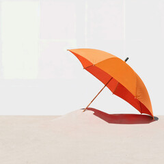 A vibrant orange umbrella casting a shadow against a stark white wall on a light beige surface