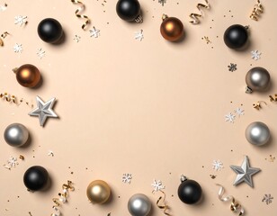 Elegant holiday flat lay background (AI-generated). Festive border of black, gold, and silver ornaments on a dark background. Copy space ideal for seasonal greetings, banners, and promotions.