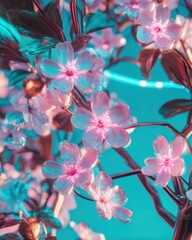 Colorful glowing flowers under blue background
