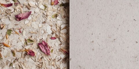 Handmade paper with dried flowers and natural fibers displayed