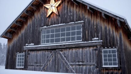 Rustic barn snowfall with illuminated star in tranquil winter landscape - Powered by Adobe