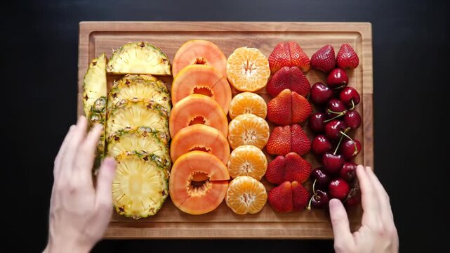 A wooden board displaying rows of sliced pineapple, papaya, mandarin oranges, strawberries, and cherries