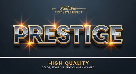 A luxurious and editable 3d text style effect featuring the word prestige in a sophisticated golden and dark blue metallic finish