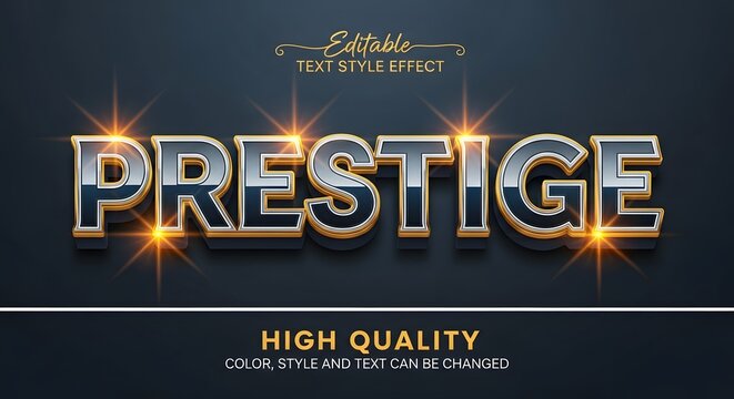 A luxurious and editable 3d text style effect featuring the word prestige in a sophisticated golden and dark blue metallic finish