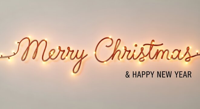 Merry christmas happy new year message written with sparkling string lights on a light background, perfect for holiday greetings and festive celebrations