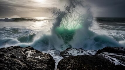 Powerful ocean wave crashing against jagged rocks creating dynamic spray and foam, perfect for nature documentaries and coastal promotions - Powered by Adobe