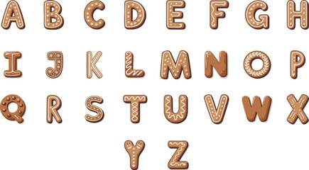 Gingerbread alphabet font and numbers. Winter homemade sweet cookies in festive shapes.