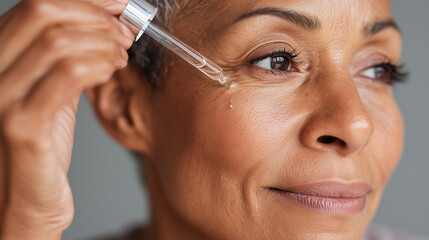 Close-up skincare routine moment, applying serum to face, natural glow, wellness self-care, 