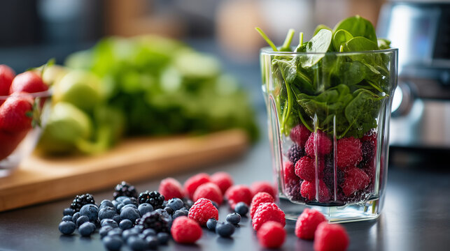 Close-up healthy smoothie preparation, blender with fresh greens and berries, wellness nutrition scene, - Powered by Adobe