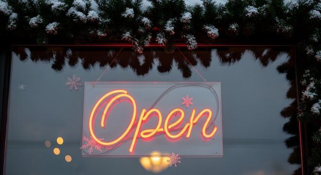 A vibrant orange neon open sign glows warmly in a shop window, framed by snowcovered evergreen garland, signaling business is ready during the winter holiday season