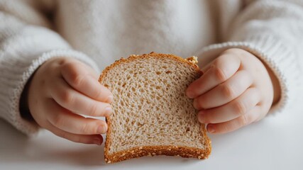 Childs Hands Showcase Healthy Cooking with Whole Grain Bread Slice, Emphasizing Zero Waste and Sustainability in Mindful Eating Practices
