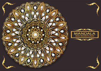 Intricate golden mandala with gemstones in black and gold colors with copy space