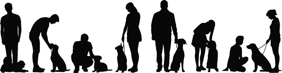 Black Silhouettes of Diverse People and Dogs Interacting, Showing Pet Care, Companionship, Training, Love, and the Strong Human-Animal Bond
