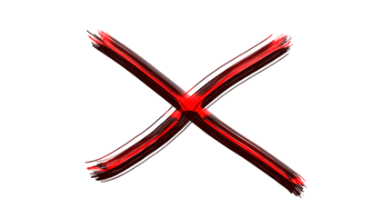 Red cross mark isolated on transparent background, a bold symbol of rejection, error, or cancellation, handdrawn with expressive brushstrokes and texture
