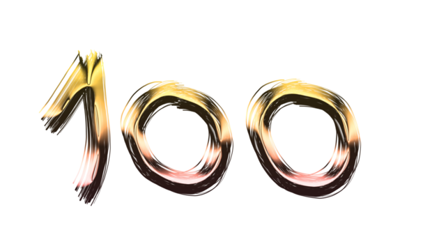 Golden brush stroke number 100 isolated on transparent background hand drawn digit one hundred with gold paint texture anniversary concept for banner