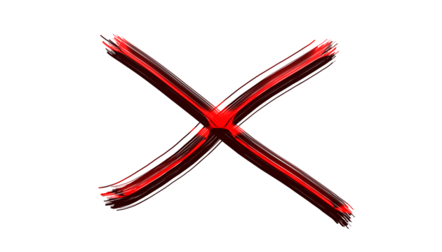 Red cross mark isolated on transparent background, a bold symbol of rejection, error, or cancellation, handdrawn with expressive brushstrokes and texture