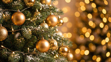 Obraz premium Close-up of Golden Christmas Tree Ornaments on Snowy Pine Branches with Warm Bokeh Lights