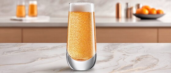 A sparkling orange drink in a sleek glass sits on a marble counter, surrounded by fresh fruits