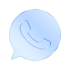 A light blue glass morphism icon of a telephone receiver inside a speech bubble, isolated on transparent background modern design element for communication apps