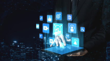 Content marketing interface with data dashboards, analytics charts, and content tools. Marketing...