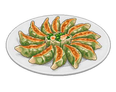 Pixel Art Gyoza Platter with Dipping Sauce Keywords: gyoza, dumplings, pixel art, food, japanese food isolated on a transparent background