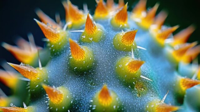 Video A close-up view of a cactus plant with bright yellow spines, ideal for use in botanical or desert-themed designs