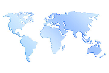 World map in blue isolated on transparent background, showing continents, oceans, and geographical features for educational or informational purposes