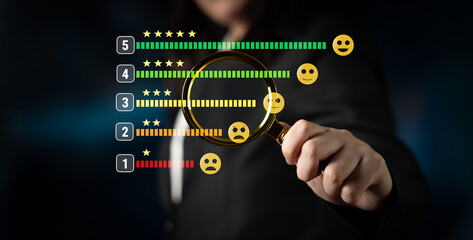 A customer satisfaction feedback and five star rating system. A concept for service review, product...