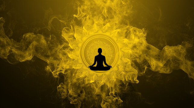 solar plexus chakra meditation silhouette. activation of 3rd chakra manipura with yellow lotus radiating light and smoke