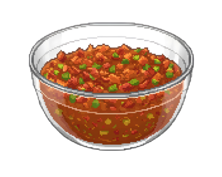 Pixel art illustration of chili con carne in a glass bowl Keywords: pixel art, illustration, chili con isolated on a transparent background