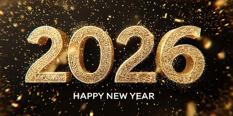 Golden glitter 2026 happy new year banner design with sparkling confetti and elegant typography for future celebrations and festive greetings, perfect for invitations.