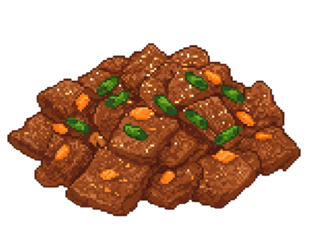 Pixel Art of Korean Bulgogi Beef with Sesame Seeds and Garnish illustration korean food isolated on a transparent background