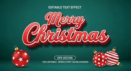 Merry christmas editable text effect with festive red 3d lettering and decorative ornaments on a dark teal background, perfect for holiday greetings, cards, banners, and seasonal designs