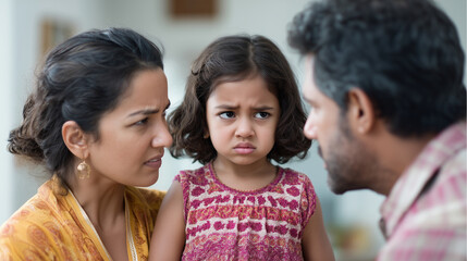 Obraz premium Indian child mother family problem father woman conflict girl arguing adult daughter fighting anger sad man parent childhood home fight sadness angry divorce