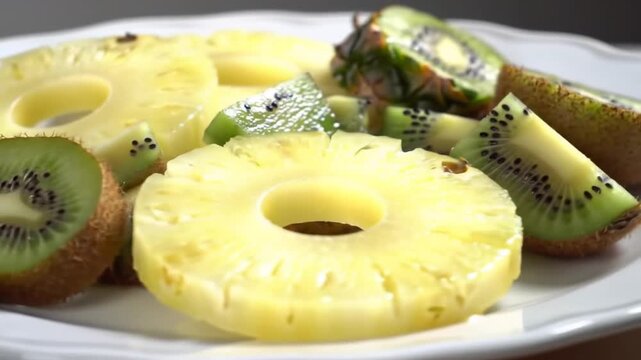 Sliced pineapple and kiwis arranged on a white plate, close-up shot of fresh fruit