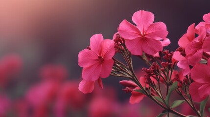Obraz premium Vibrant Pink Flowers Blooming in Soft Evening Light with Artistic Bokeh Effect Creating a Serene Atmosphere in Nature