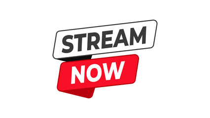 Stream Now bold red action label designed for instant media viewing, ideal for video platforms, live shows, movie apps, and online entertainment services demanding quick user engagement.