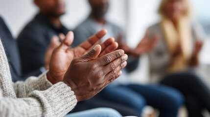 Close-up of a person participating in a support group or therapy session, hands and gestures expressing emotion, warm and empathetic setting, 