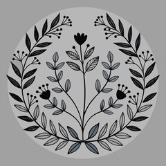 Black and grey floral emblem with leaves and berries on a grey background symmetrical botanical
