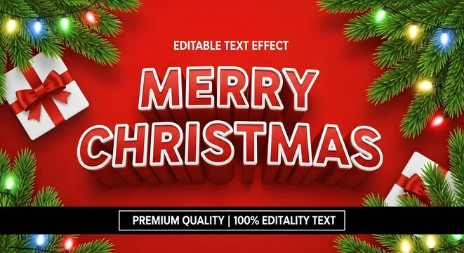 Merry christmas text effect on a vibrant red background, decorated with festive green fir branches, colorful lights, and gift boxes, ideal for holiday greetings and designs