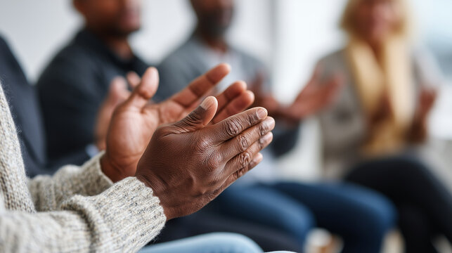 Close-up of a person participating in a support group or therapy session, hands and gestures expressing emotion, warm and empathetic setting, - Powered by Adobe