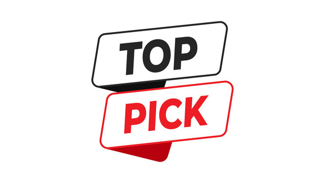 Top pick flat style promotional banner design element with modern text on a white and red label, indicating best choice, quality, and recommendation for products and services isolated.